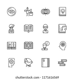 Collection of 16 knowledge outline icons include icons such as thinking, master of ceremonies, info, open book, book, vision, student, magnetic field, science book, librarian