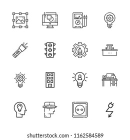 Collection of 16 lamp outline icons include icons such as electricity, voltmeter, traffic light, idea, office, flashlight, innovation, graphic design, socket, creative