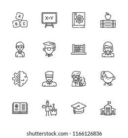 Collection of 16 learning outline icons include icons such as artificial intelligence, book, master of ceremonies, educator, kindergarten, open book, abc, abacus, graduate