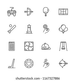 Collection of 16 leisure outline icons include icons such as casino chip, dices, bingo, swing, balloons, archery, baseball bat, chess, hockey, ping pong, polo, tennis court