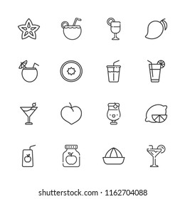 Collection of 16 lemon outline icons include icons such as cocktail, juice, soft drink, fruit, plum, mango, margarita, lemon squeezer, lemon, kiwi