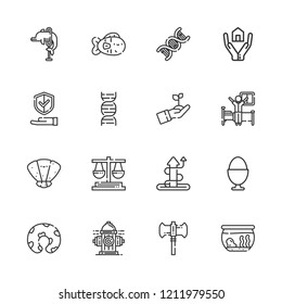Collection of 16 life outline icons include icons such as dna, insurance, growth, pillow, boiled egg, fishbowl, fish, hydrant, seashell, dolphin, balance, labrys