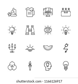 Collection of 16 light outline icons include icons such as light bulb, electricity, aromatic candle, idea, binoculars, sunset, candelabra, graphic design, beer, watermelon