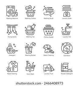 Collection of 16 Line Style Laundry Icons 

