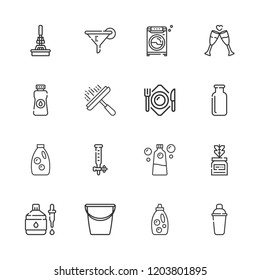 Collection of 16 liquid outline icons include icons such as bucket, mop, dropper, bottle, oil, filter, shaker, plate, ink, detergent, toast, washing machine