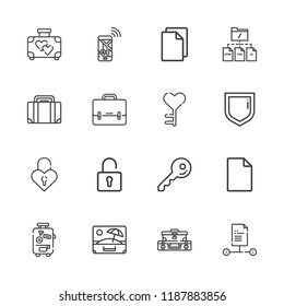 Collection of 16 lock outline icons include icons such as briefcase, file, padlock, suitcase, key, security
