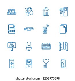 Collection of 16 lock outline icons include icons such as key, suitcase, file, for rent, keyhole, navigation, door, turnstiles, chest, padlock, domotics