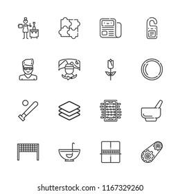 Collection of 16 logo outline icons include icons such as foosball, tulip, engine, doorknob, master of ceremonies, newspaper, petri dish, mortar, layers, boy, punch bowl