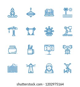 Collection of 16 logo outline icons include icons such as crane, bicycle, bug, lighthouse, curling, scoreboard, startup, pencil case, open book, alexander the great