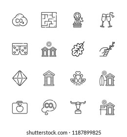 Collection of 16 logotype outline icons include icons such as branch, swans, boxers, lunchbox, minerals, co, buffalo, oak leaf, cabins, cheers, cabin, lion