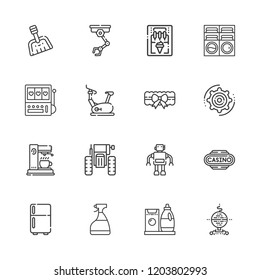 Collection of 16 machine outline icons include icons such as casino, cogwheel, tractor, robot, ice cream machine, fridge, garter, industrial robot, dustpan, stationary bike