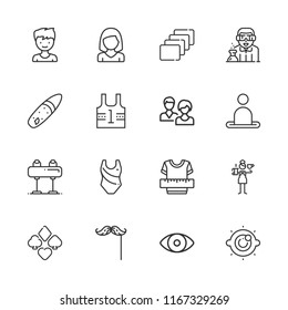 Collection of 16 male outline icons include icons such as suit, clothes, barista, boy, scientist, eye, mustache, users, woman, user, views, pommel horse, surf, swimming suit