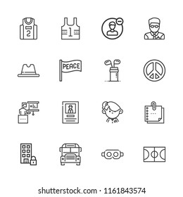 Collection of 16 man outline icons include icons such as manager, peace, user, office, hat, wanted, basketball court, basketball jersey, golf, uniform, school bus, ar glasses