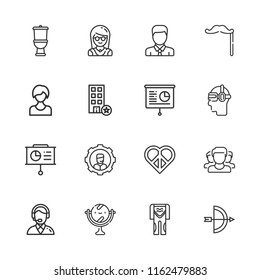 Collection of 16 man outline icons include icons such as operator, toilet, mirror, presentation, peace, girl, user, avatar, office, archery, diving suit, support, ar glasses