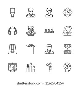 Collection of 16 man outline icons include icons such as manager, toilet, waiter, swing, time management, headset, mustache, user, avatar, kitesurfing, human resources, head