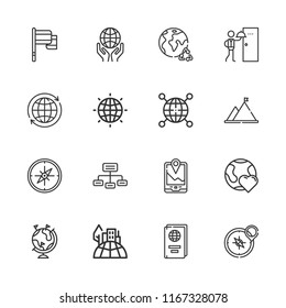 Collection of 16 map outline icons include icons such as networking, cityscape, earth grid, room service, world, planet earth, passport, gps, flag, worldwide, compass