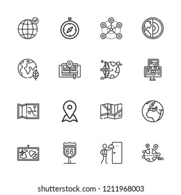 Collection of 16 map outline icons include icons such as room service, compass, placeholder, planet earth, earth, network, route, gps, map, worldwide