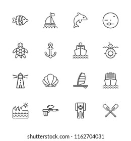 Collection of 16 marine outline icons include icons such as lighthouse, diving suit, harpoon, windsurf, boat, submarine, dolphin, paddles, turtle, fish, wave, seashell, anchor