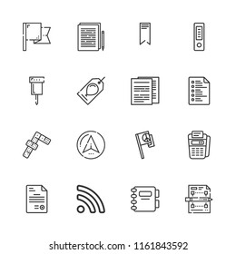 Collection of 16 mark outline icons include icons such as agenda, documents, point of service, dominoes, flag, gift tag, rss, document, file, list, bookmark, documentation