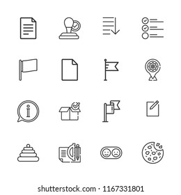 Collection of 16 mark outline icons include icons such as stamp, info, positive and negative, plan, location pin, cookies, pyramid, flag, file, task, package, new file