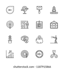 Collection of 16 marketing outline icons include icons such as results, pie chart, dart, startup, growth, percentage, poster, profits, purse, mail, advertising, dart board