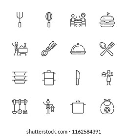 Collection of 16 meal outline icons include icons such as butler, restaurant, room service, pastry chef, tongs, cutlery, hamburger, bib, whisk, spoon, plates, fork, hot pot