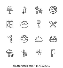 Collection of 16 meal outline icons include icons such as butler, pastry chef, waiter, cutlery, spatula, dinner, knife, cake, meal, pie, donut, chicken leg, mushrooms