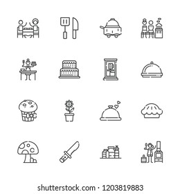 Collection of 16 meal outline icons include icons such as restaurant, cake, knife, dinner, mixed, stove, room service, muffin, sauce, pot, pie, phone box, mushroom