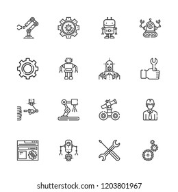 Collection of 16 mechanical outline icons include icons such as repair tools, wrench, engineer, robot, settings