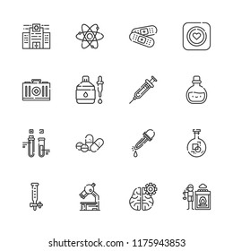 Collection of 16 medicine outline icons include icons such as dropper, medicine, condom, flask, atom, eyedropper, pills, syringe, hot stones, microscope, test tube, hospital