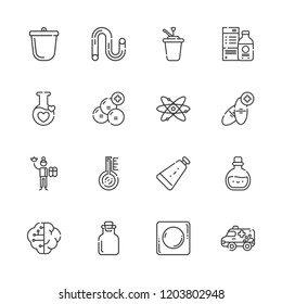 Collection of 16 medicine outline icons include icons such as tooth paste, tube, flask, crucible, medicine, thermometer, syrup, massage therapist, ambulance, brain, potion