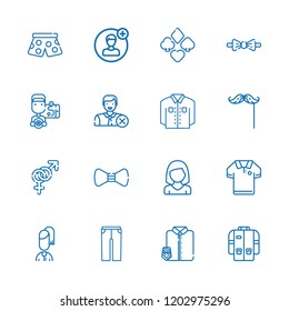 Collection of 16 men outline icons include icons such as suit, mustache, user, woman, jacket, polo shirt, pants, bow tie, driver, gender, trousers, suit and tie