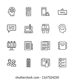 Collection of 16 message outline icons include icons such as agenda, documents, list, exclamation, billboard, thinking, chat, users, sold, smartphone, ads, blog, pads, phone