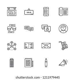 Collection of 16 message outline icons include icons such as user, smartphone, pen, chat, sold, phone, dialog, documentation, telephone, network, loudspeaker, postcard, mail
