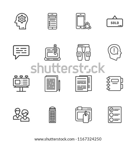 Collection of 16 message outline icons include icons such as agenda, documents, list, exclamation, billboard, thinking, chat, users, sold, smartphone, ads, blog, pads, phone