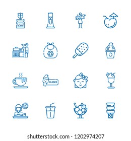 Collection of 16 milk outline icons include icons such as breakfast, barista, chocolate, soft drink, bib, milkshake, ice cream, frozen yogurt, coconut, baby