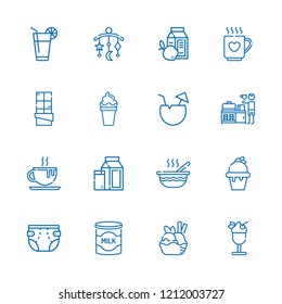 Collection of 16 milk outline icons include icons such as breakfast, chocolate, baby food, milk, baby crib, soft drink, coconut, ice cream, diaper
