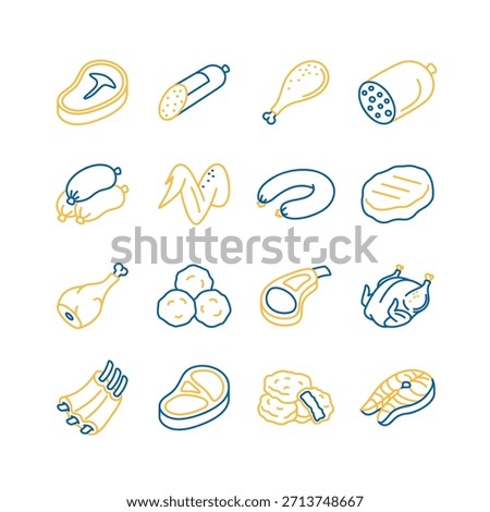 Collection of 16 minimalistic flat line art icons showing raw meat cuts, poultry, sausage, and prepared meat products. Perfect for restaurant menus or butcher shop branding.

