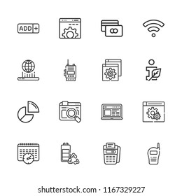 Collection of 16 mobile outline icons include icons such as point of service, information ecology, add button, browser, pie chart, credit card, wifi, calendar, battery