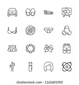 Collection of 16 model outline icons include icons such as staff, slippers, molecule, formula, atomic, dress, pants, station wagon, panties, wig, bra, atom