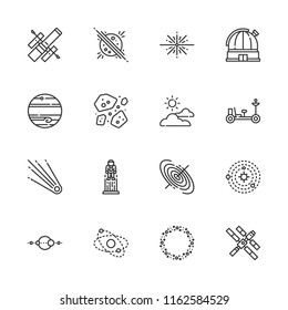 Collection of 16 moon outline icons include icons such as cloudy, asteroid, asteroids, astronaut, big bang, black hole, comet, hubble space telescope, jupiter, moon rover