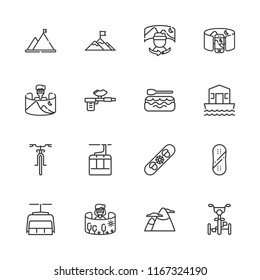 Collection of 16 mountain outline icons include icons such as bicycle, harpoon, mountain, rafting, snowboard, aerial tramway, bike, chairlift, house boat