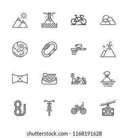Collection of 16 mountain outline icons include icons such as bicycle, carabiner, harpoon, rafting, rope, bike, field of view, travel, eruption, cable car, mountain