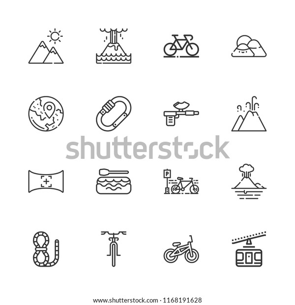 Collection of 16 mountain
outline icons include icons such as bicycle, carabiner, harpoon,
rafting, rope, bike, field of view, travel, eruption, cable car,
mountain