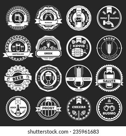 Collection of 16 multinational cheers labels. Vector illustration 