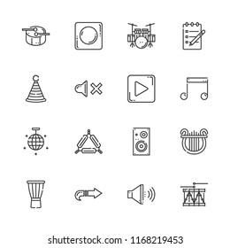 Collection of 16 music outline icons include icons such as triangle, notes, speaker, drum, music note, party hat, drum set, mirror ball, play button, mute, next, lyre