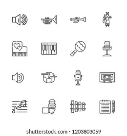 Collection of 16 musical outline icons include icons such as microphone, trumpet, high volume, maraca, xylophone, drum, cassette, sound, guitar, piano