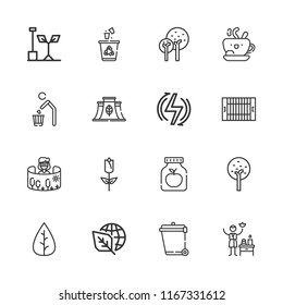 Collection of 16 natural outline icons include icons such as ecology, leaf, planting, renewable energy, tree, tulip, coffee, spa, recycling, eco factory, recycle, field