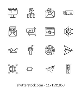 Collection of 16 news outline icons include icons such as email, network, billboard, newsletter, paper plane, news, dictaphone, live news, newspaper, networking