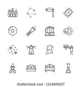 Collection of 16 night outline icons include icons such as bar, air conditioning, bed, pillow, lighthouse, flashlight, witch, fangs, star, constellation, eclipse, observatory